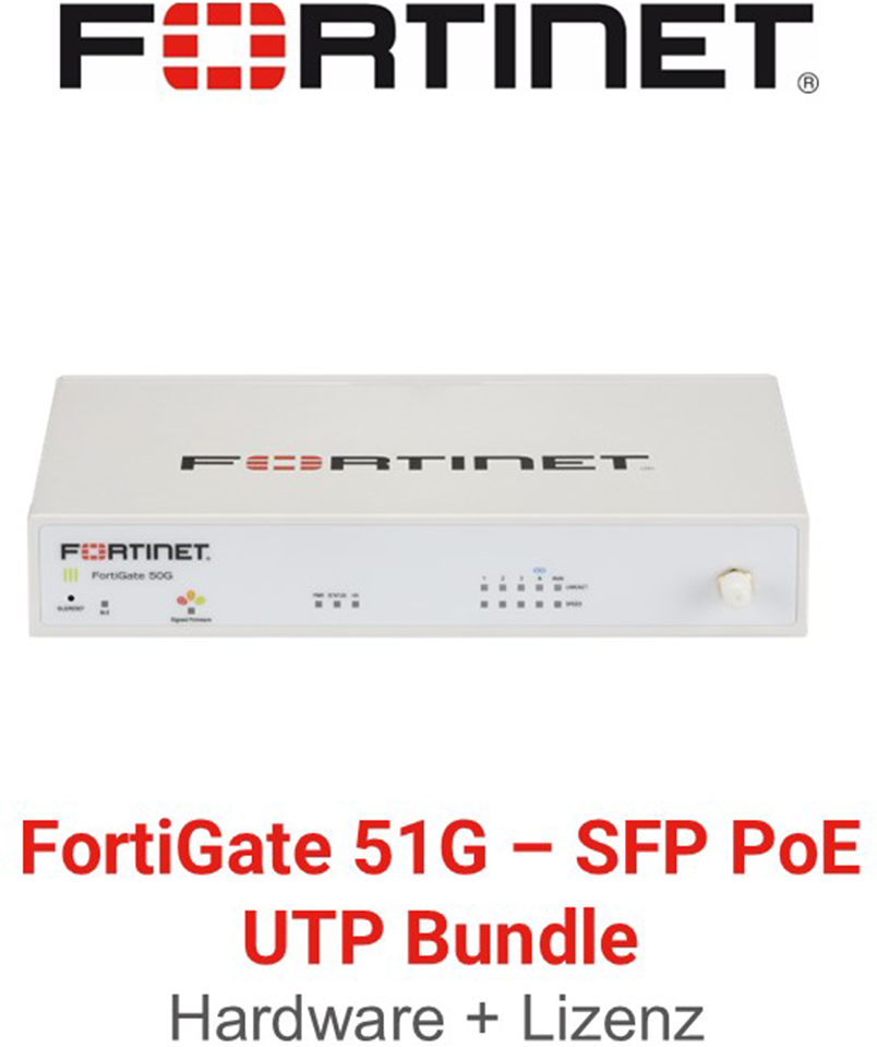 Fortinet FortiGate 51G SFP PoE Firewall Hardware + Unified Threat Protection (UTP) Vorderseite