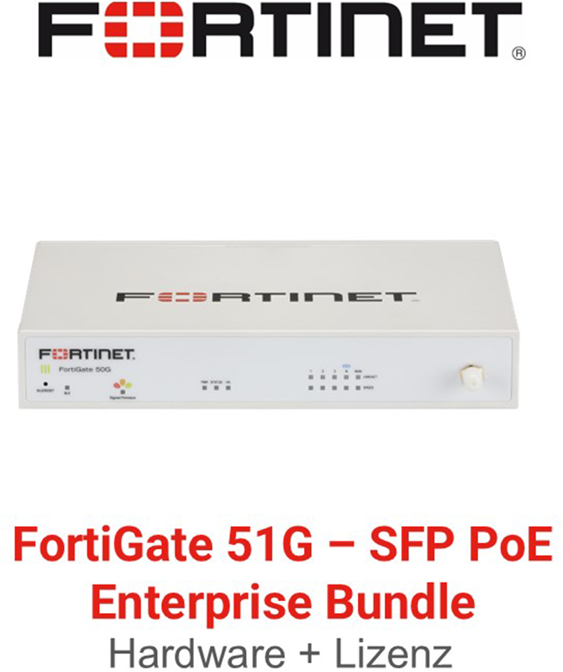 Fortinet FortiGate 51G SFP PoE Firewall Hardware + Enterprise Protection Lizenz Vorderseite