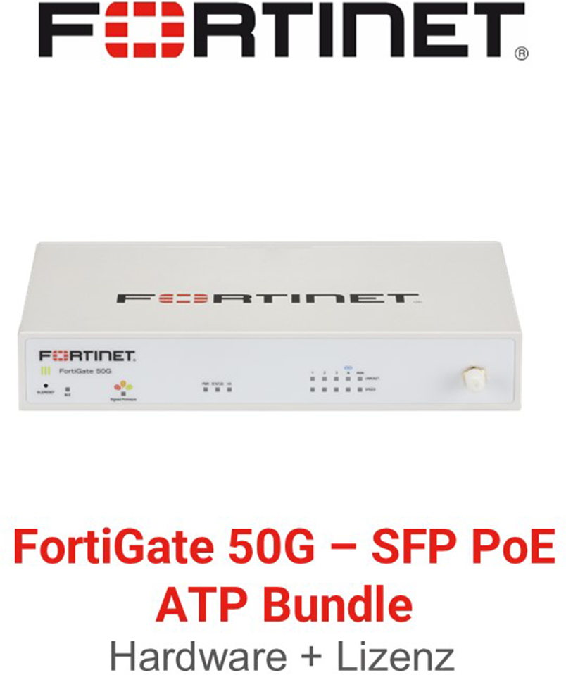 Fortinet FortiGate 50G SFP PoE Firewall Hardware + Advanced Threat Protection (ATP) Lizenz Vorderseite
